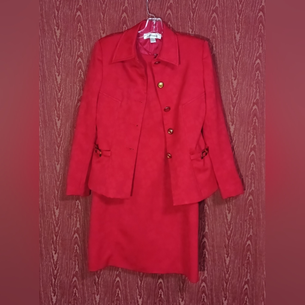 APPRAISAL 2 Piece Sz 8 Red Floral Collared Button Long Sleeve Dress Suit Womens
